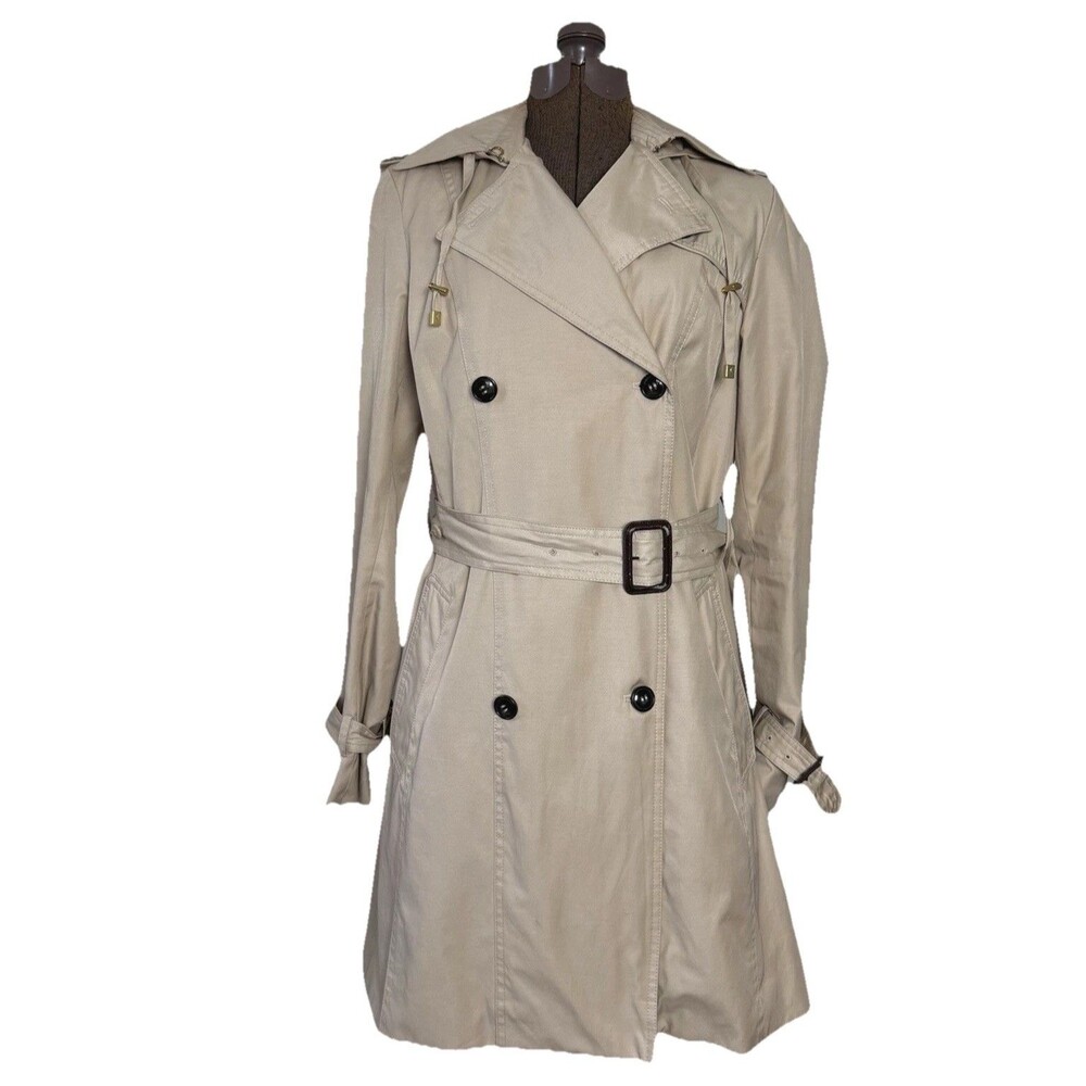 Cole Haan Hooded Trench Coat Beige Double Breasted Belted Medium